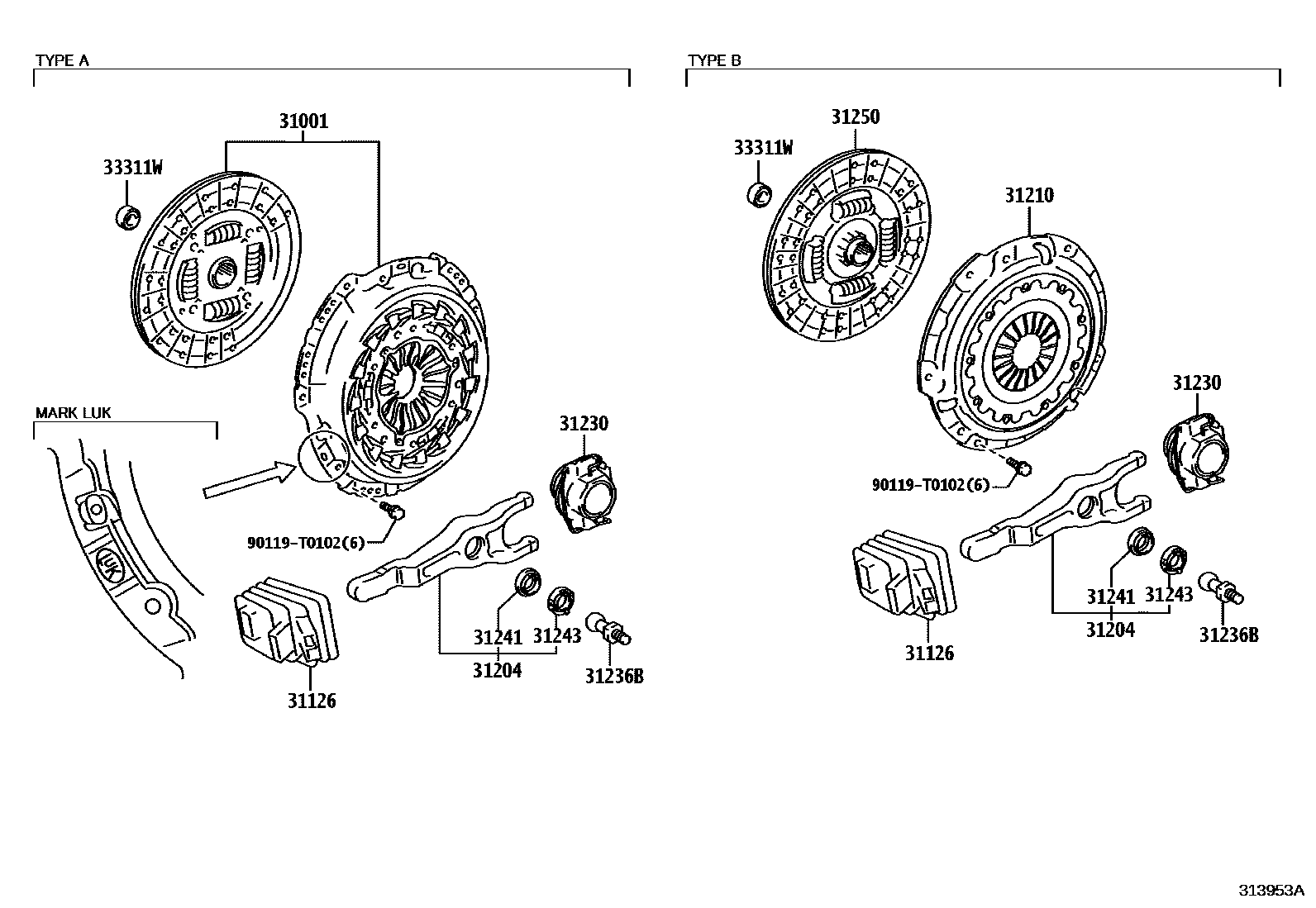Toyota HILUX 离合器和分离叉 EPC diagram — 313953A