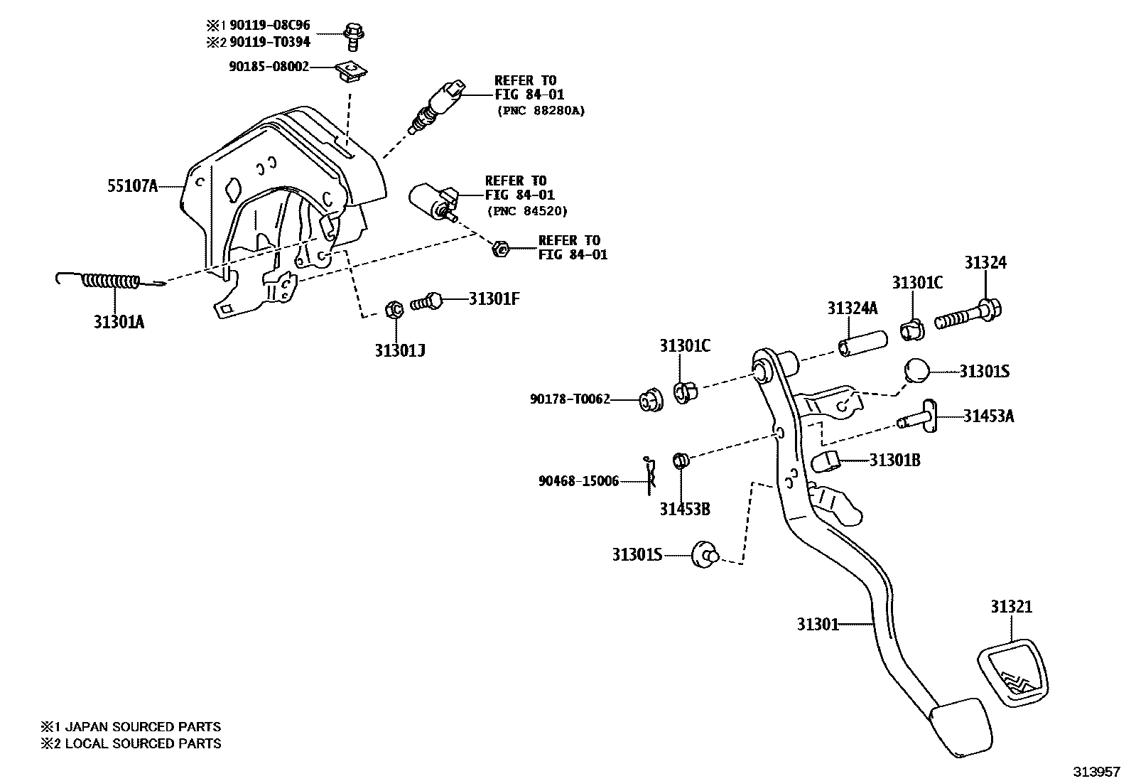Toyota HILUX 离合器踏板和挠性软管 EPC diagram — 313957
