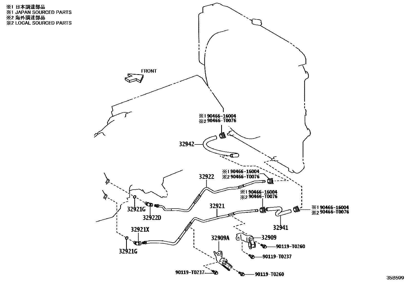 Toyota HILUX 变速器油冷却器和配管(ATM) EPC diagram — 35B599