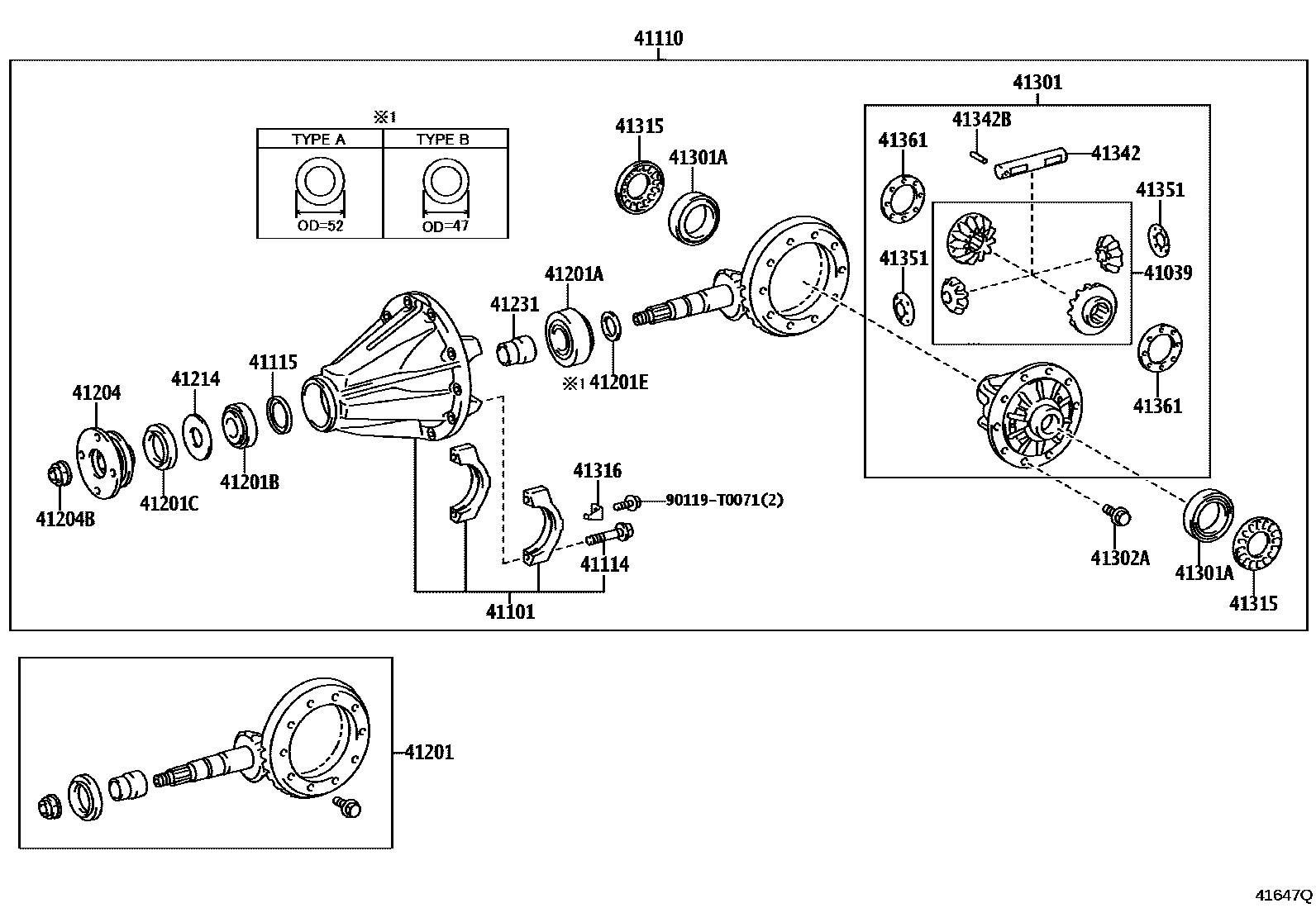 Toyota HILUX 后桥壳和差速器 EPC diagram — 41647Q