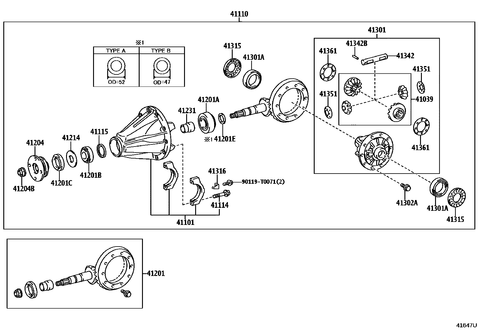 Toyota HILUX 后桥壳和差速器 EPC diagram — 41647U