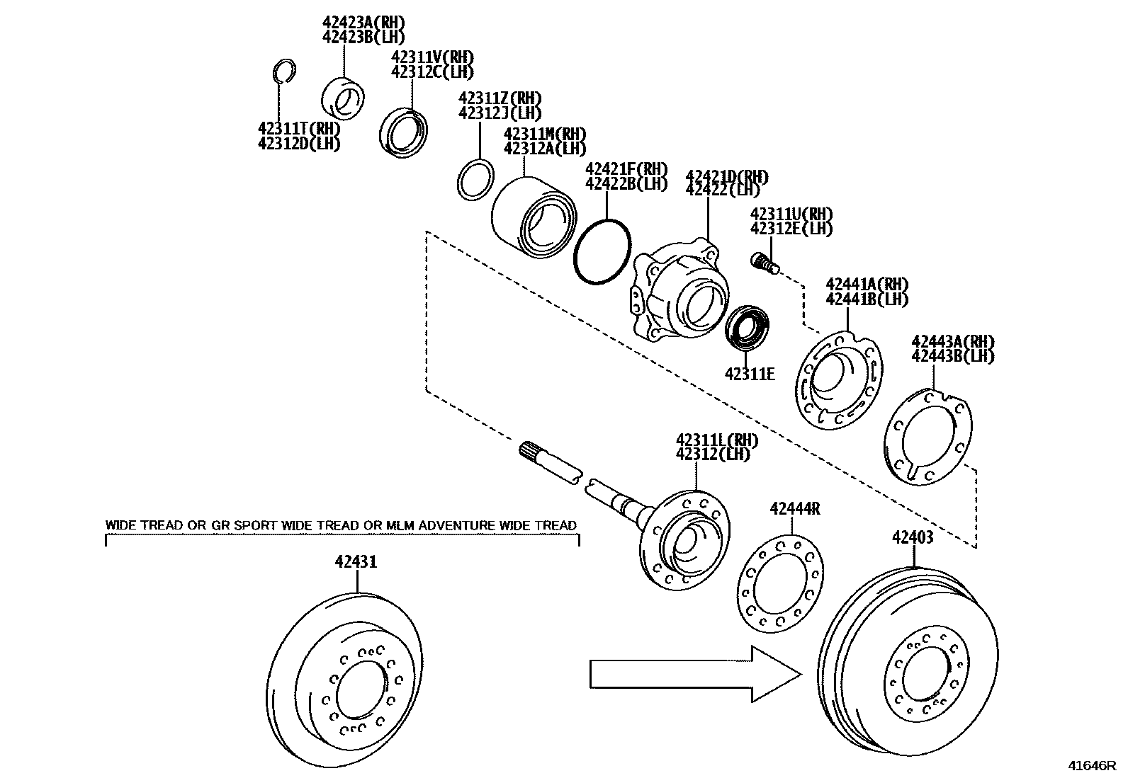 Toyota HILUX 后桥半轴和后桥轮毂 EPC diagram — 41646R