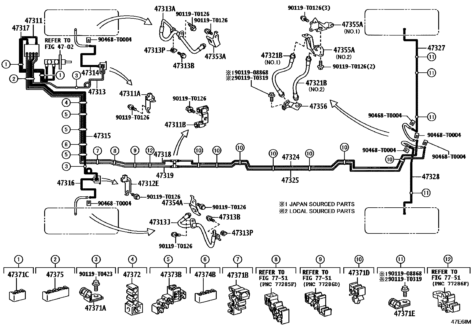 Toyota HILUX 制动配管和卡箍 EPC diagram — 47E6IM