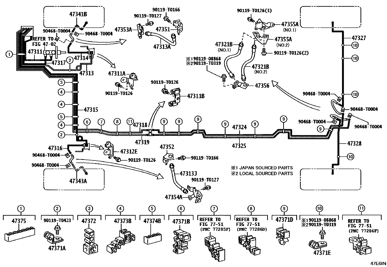 Toyota HILUX 制动配管和卡箍 EPC diagram — 47E6IN