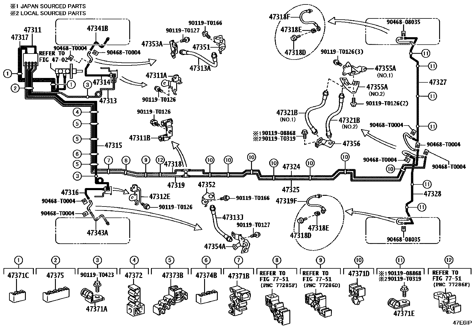 Toyota HILUX 制动配管和卡箍 EPC diagram — 47E6IP