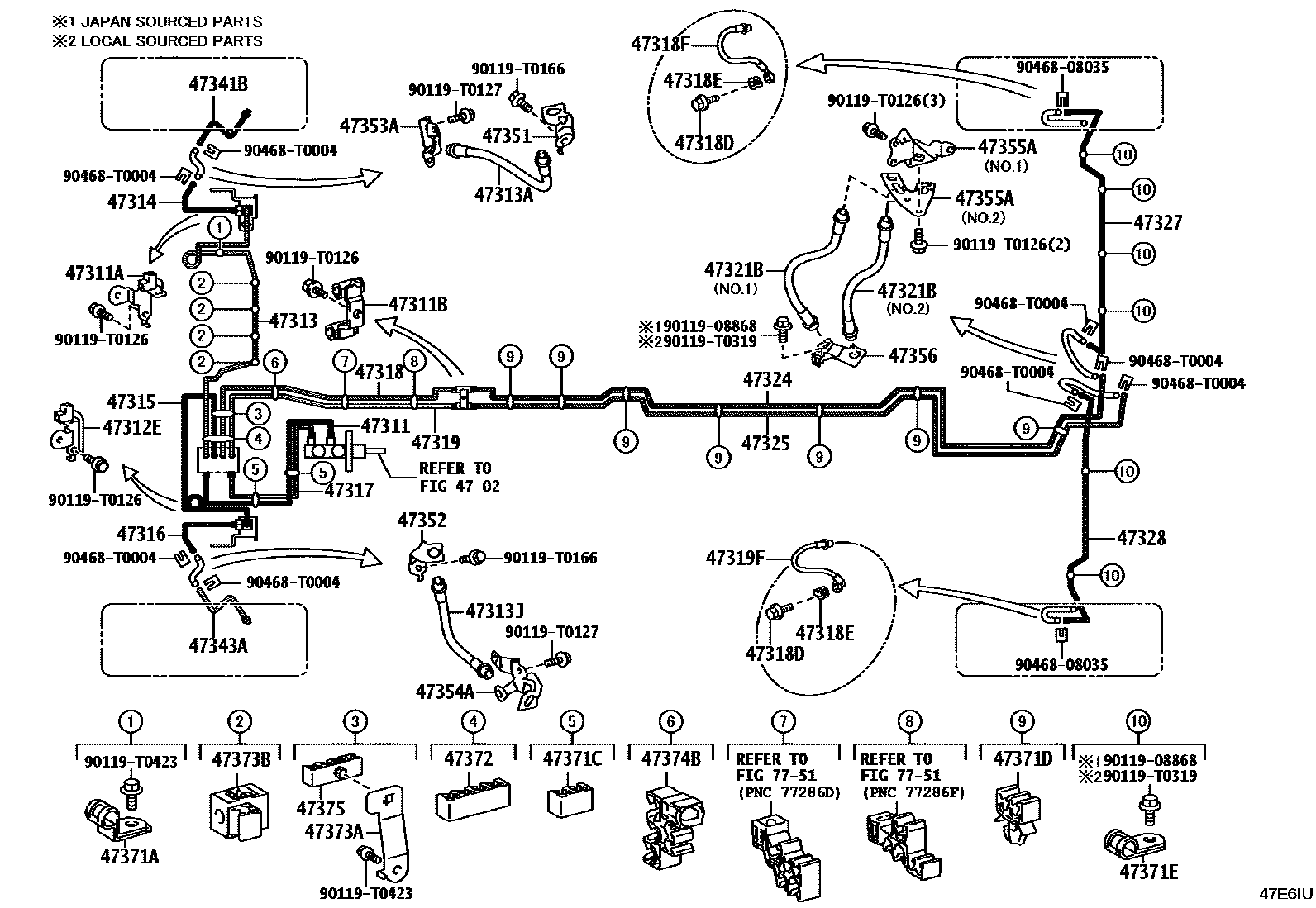 Toyota HILUX 制动配管和卡箍 EPC diagram — 47E6IU