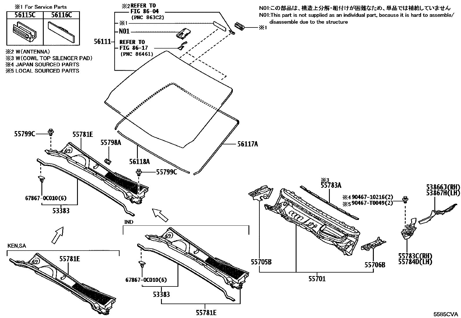 Toyota HILUX 前围板和挡风玻璃 EPC diagram — 5585CVA