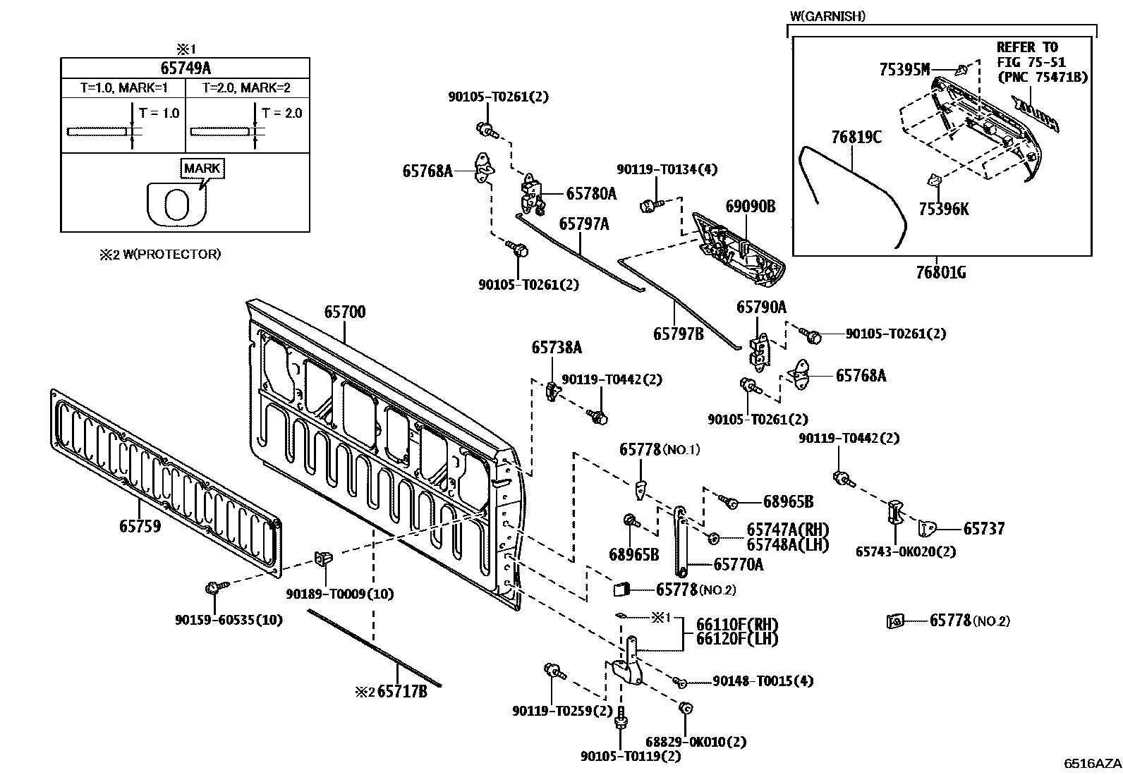 Toyota HILUX 后车身防护架和背门 EPC diagram — 6516AZA