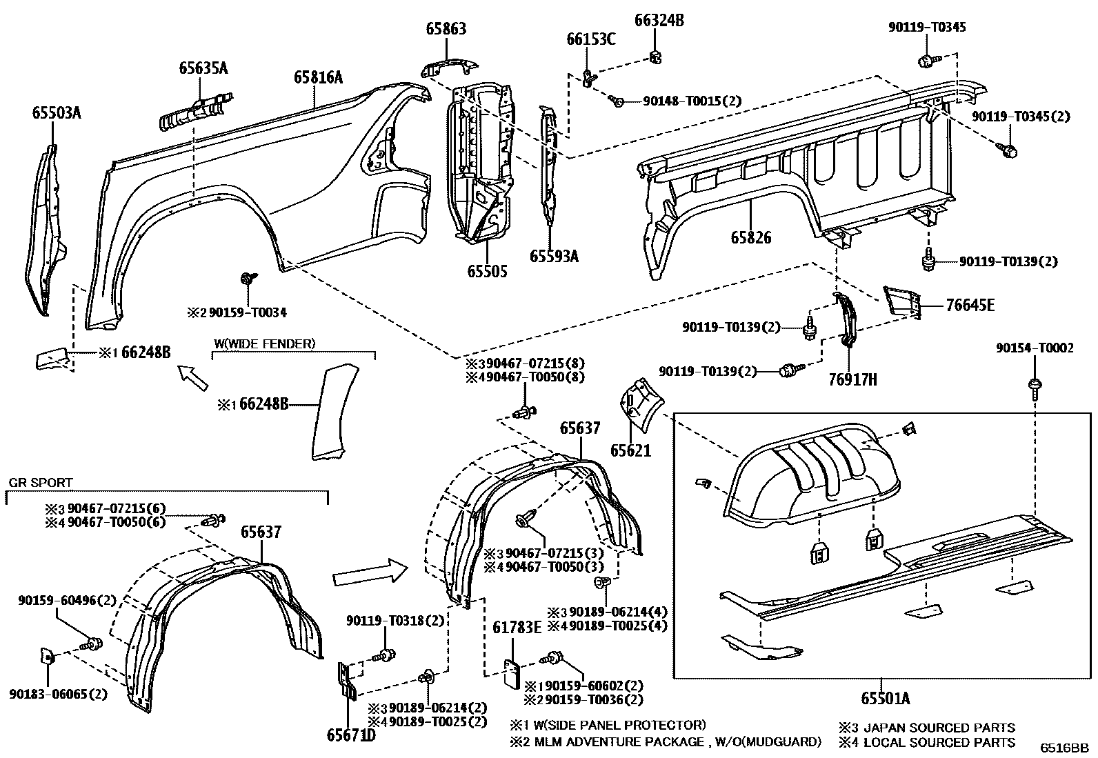 Toyota HILUX 后车身侧面板 EPC diagram — 6516BB