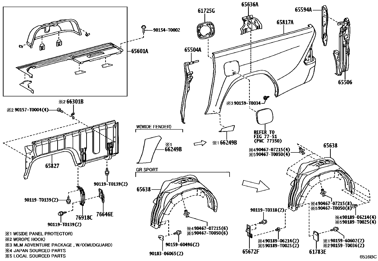 Toyota HILUX 后车身侧面板 EPC diagram — 6516BC
