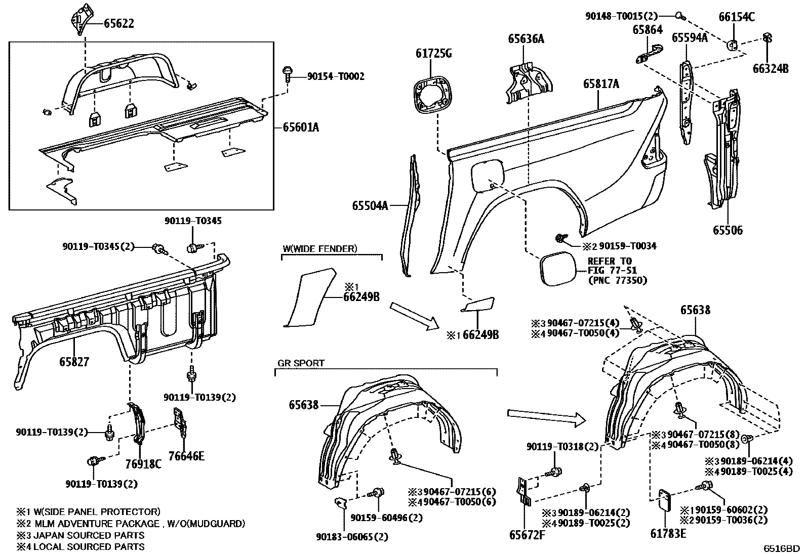 Toyota HILUX 后车身侧面板 EPC diagram — 6516BD
