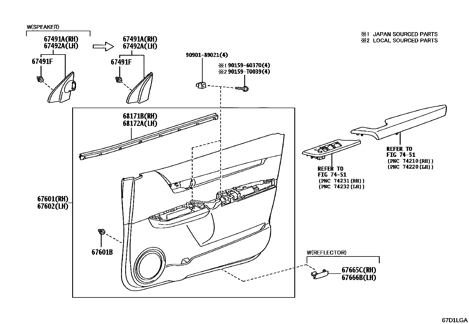 Toyota HILUX 前门板和前门玻璃 EPC diagram — 67D1LGA
