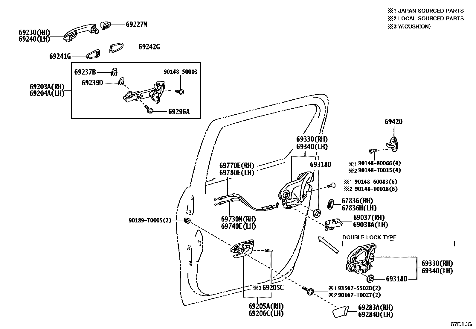 Toyota HILUX 后门锁和后门把手 EPC diagram — 67D1JG