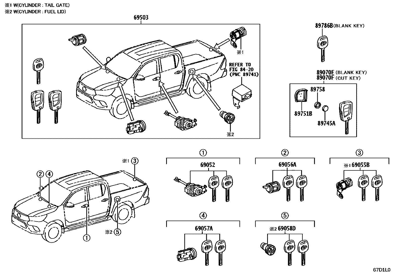 Toyota HILUX 锁芯组件 EPC diagram — 67D1L0