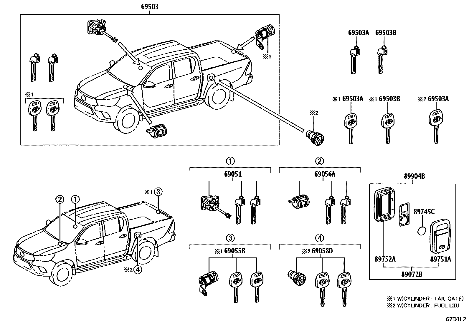 Toyota HILUX 锁芯组件 EPC diagram — 67D1L2