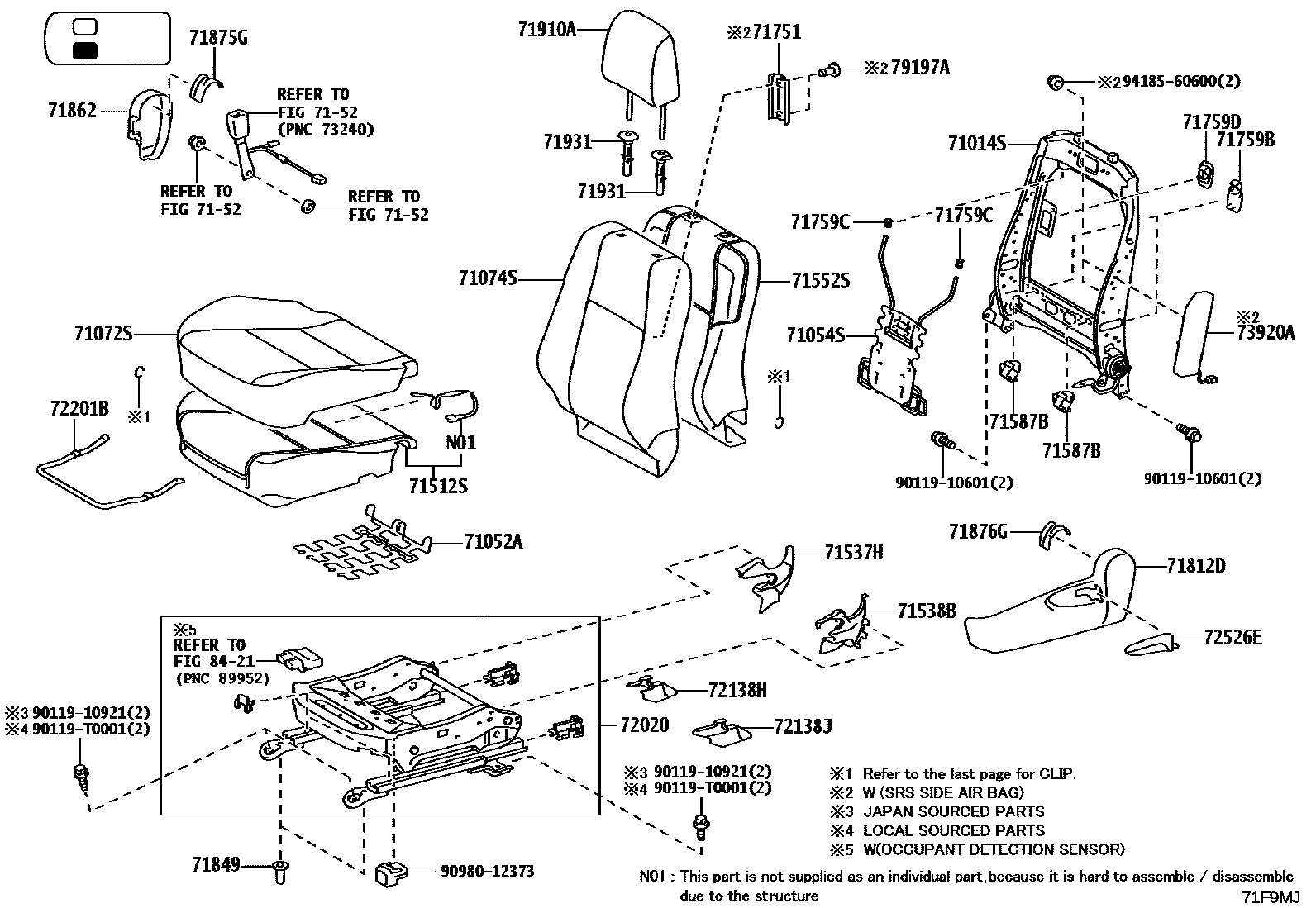 Toyota HILUX 座椅和座椅滑轨 EPC diagram — 71F9MJ