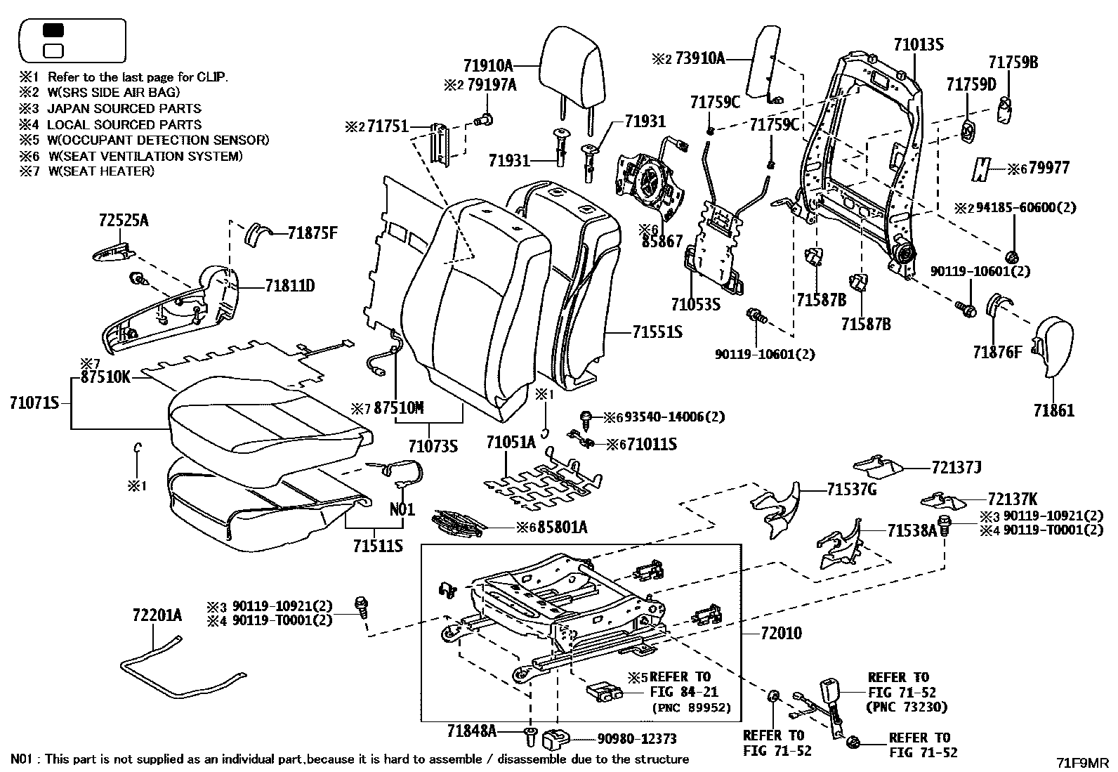 Toyota HILUX 座椅和座椅滑轨 EPC diagram — 71F9MR