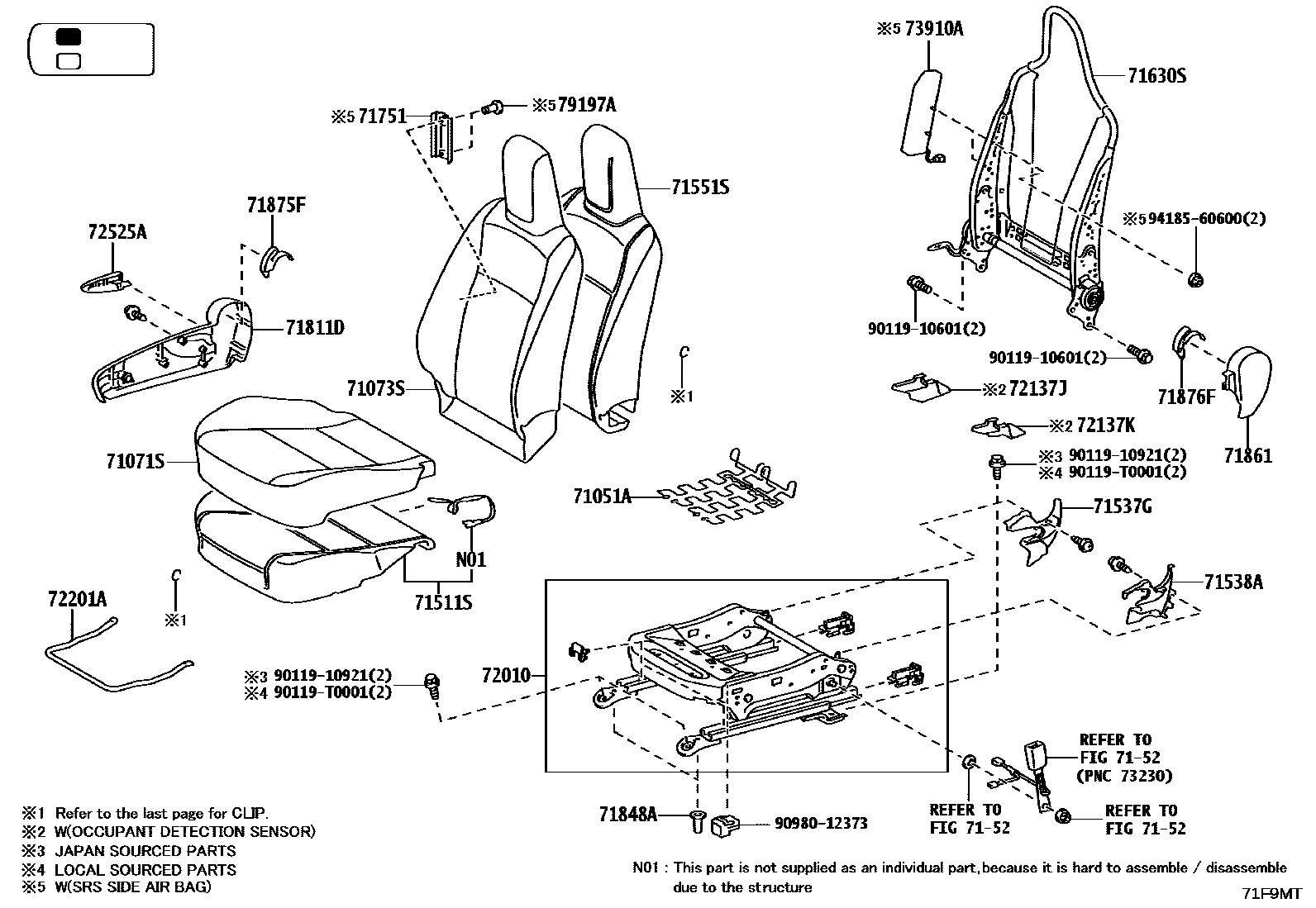 Toyota HILUX 座椅和座椅滑轨 EPC diagram — 71F9MT