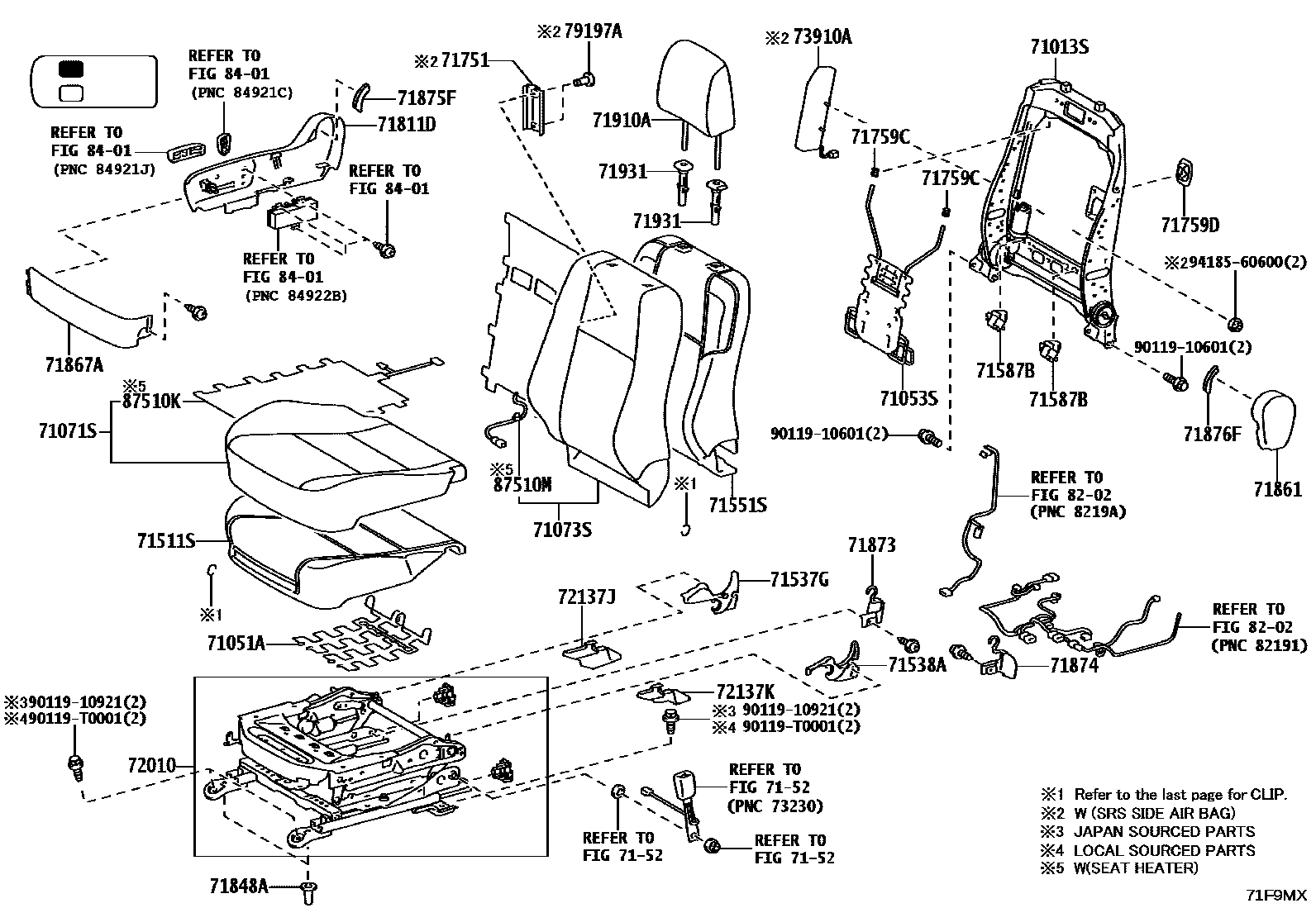 Toyota HILUX 座椅和座椅滑轨 EPC diagram — 71F9MX