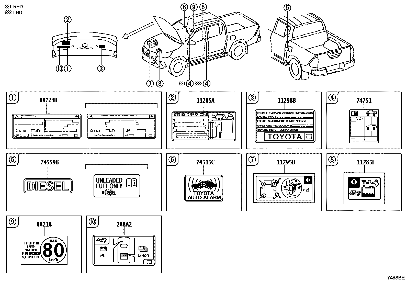 Toyota HILUX warning nameplate EPC diagram — 7468BE