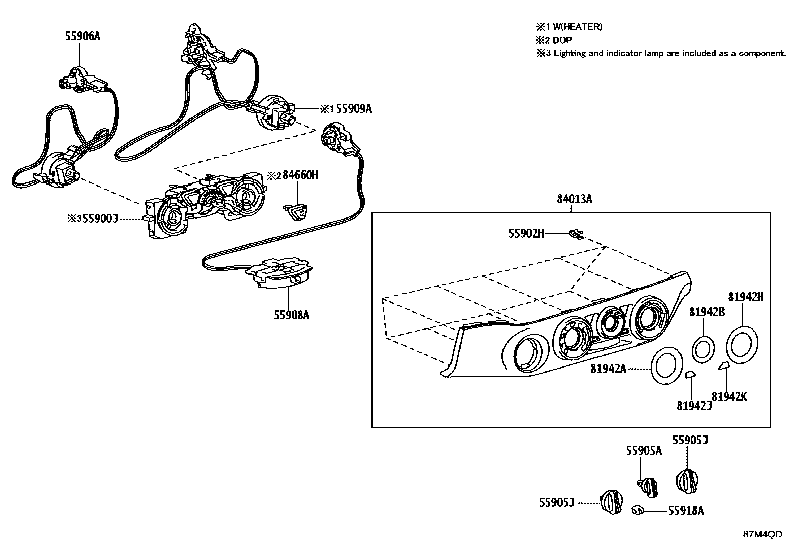 Toyota HILUX 暖风和空调系统 - 控制器和风管 EPC diagram — 87M4QD